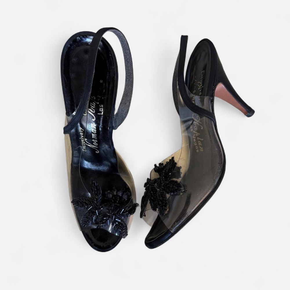 Vintage Black slingback kitten clear vinyl beaded satin heels